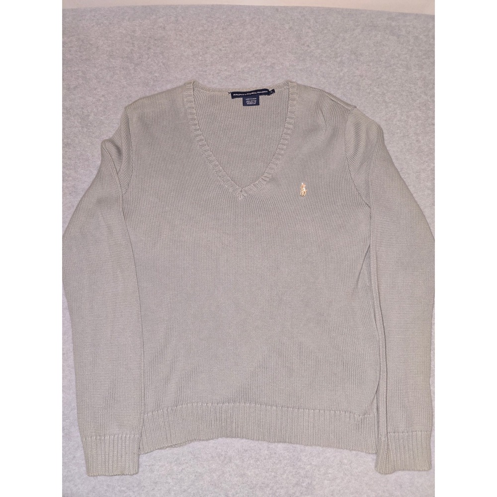 Ralph Lauren Sport Womens XL Sage Green Cotton V-Neck Pullover Pony Logo Sweater